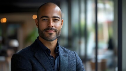 Obraz premium A man with a shaved head and a beard is wearing a black jacket and a black shirt