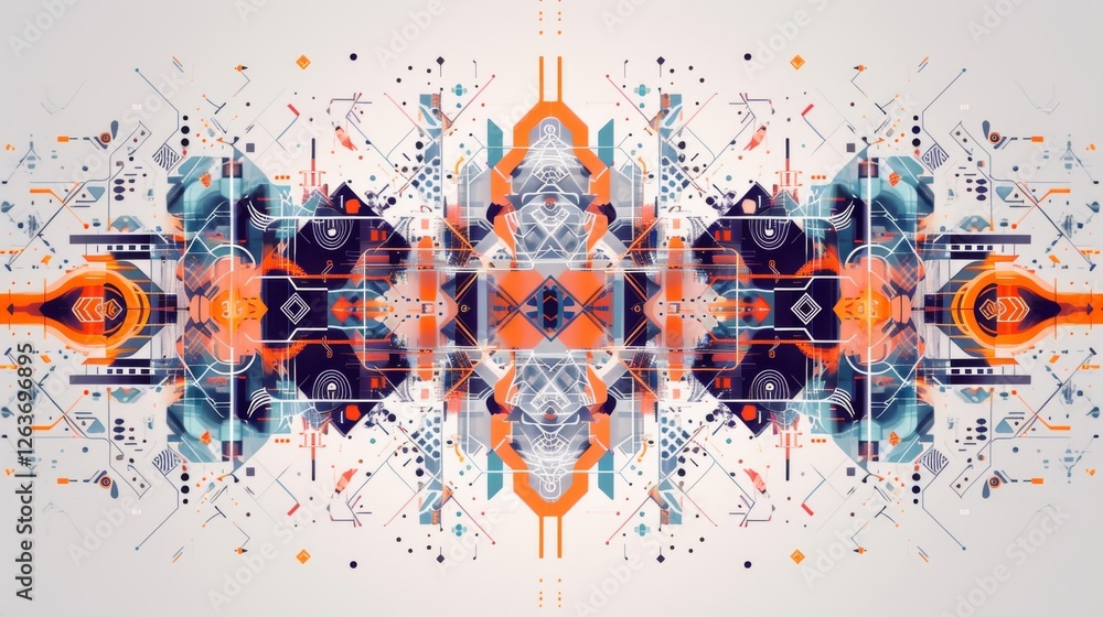 Poster a vivid and colorful symmetrical design with intricate geometric patterns and vibrant hues of orange