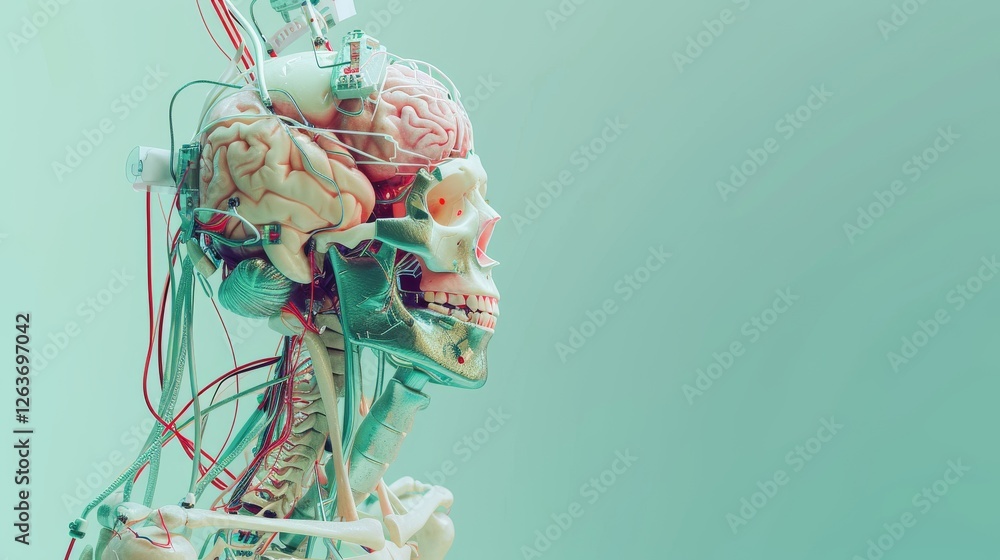 Poster a highly detailed cybernetic rendering of a human skull and brain, showing intricate wiring and futu