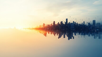 Fototapeta premium A futuristic city skyline reflects in a calm surface, with parts of the buildings disintegrating into fragments, creating a surreal atmosphere. 
