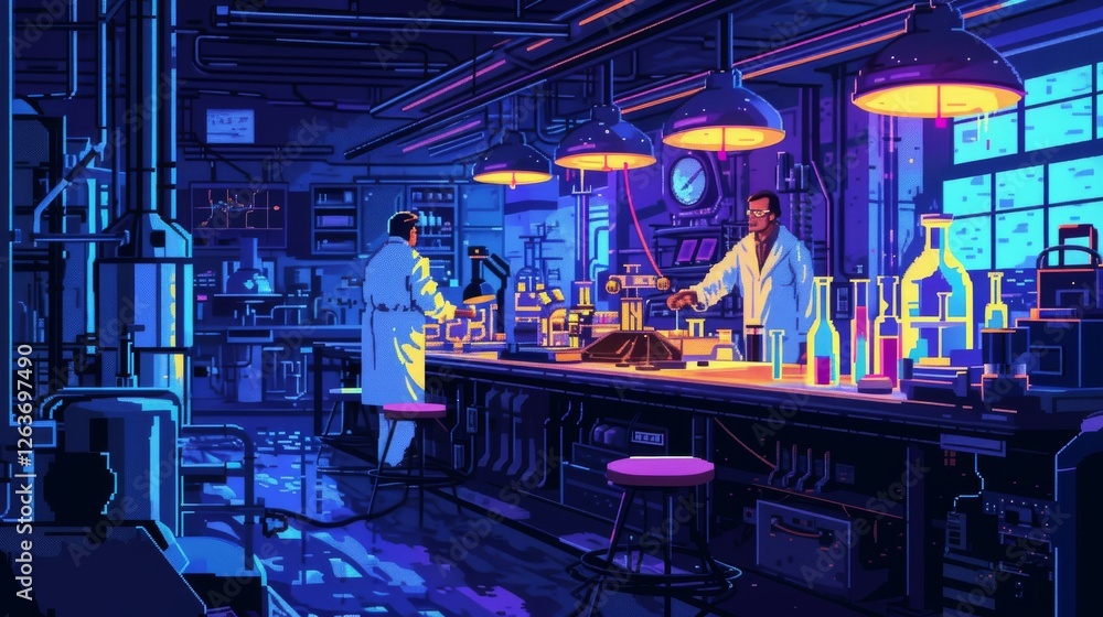 Poster a detailed scene of scientists in lab coats working in a neon-lit futuristic lab with complex equipm