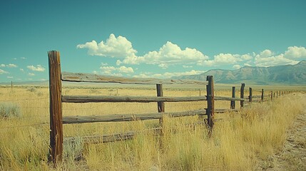 Obraz premium Rustic wooden fence in dry, grassy field, mountains background. Western landscape photo for travel, nature, or rural themes