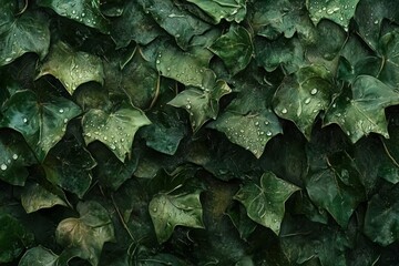Macro photography capturing dewcovered green ivy in natural light