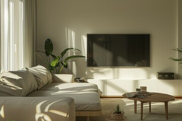 Modern living room with big TV and sofa in light beige tones. Neural network ai generated