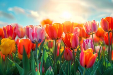 Amazing white tulip flowers blooming in a tulip field, against the background of blurry tulip flowers in the sunset light. Neural network ai generated