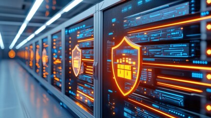 A futuristic cloud storage security system, floating holographic firewalls protecting encrypted corporate files, glowing cybersecurity shields ensuring