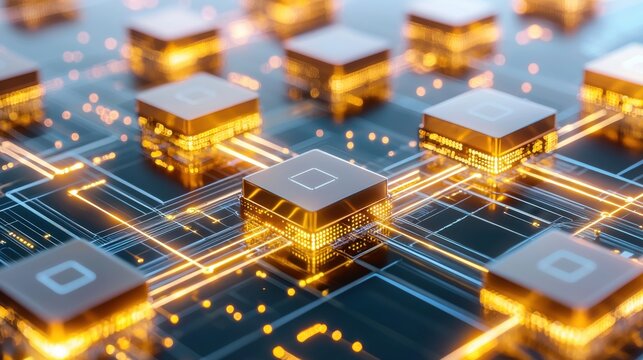 A futuristic blockchain security system visualized as interconnected glowing data blocks, golden transaction streams flowing securely, symbolizing financial