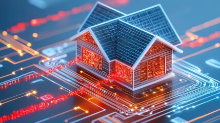 A futuristic smart home interface under cyber attack, red malicious code streams trying to penetrate security barriers, glowing encryption layers blocking
