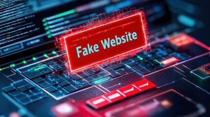 A glowing red "Fake Website" warning appearing over a browser window, distorted login fields and glitch effects, symbolizing phishing and online fraud