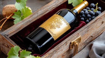 A luxurious vintage wine bottle with a gold embossed label, elegantly placed in an aged wooden case, soft velvet fabric and fresh grapevines enhancing