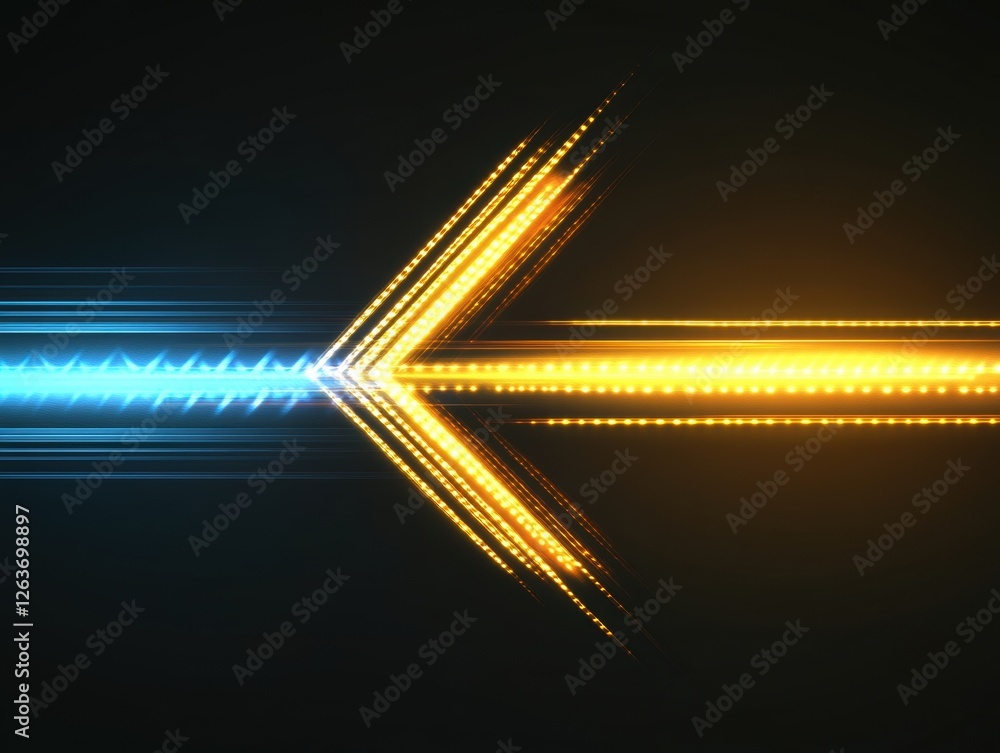 Poster abstract yellow glowing arrow with blue light rays on a black background, conveying a concept of pro