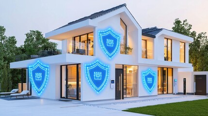 A modern smart home with glowing blue digital security shields protecting the doors, windows, and IoT devices, symbolizing cybersecurity in home automation