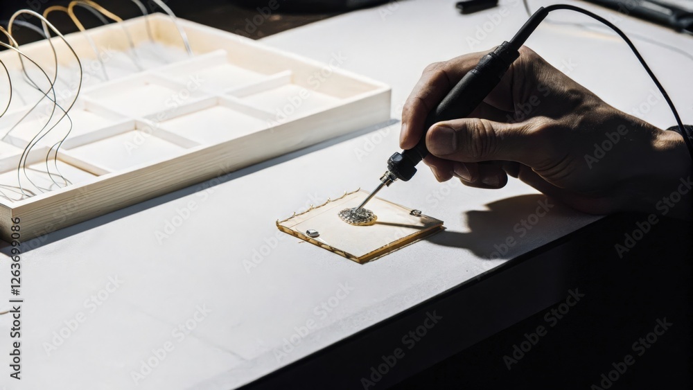 Poster a focused image of a hand assembling the eeg sensor carefully soldering thin wires to electrodes wit