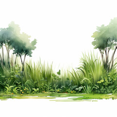 Lush green landscape with tall grass and trees, creating serene and peaceful atmosphere. Ideal for nature themed projects
