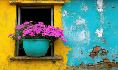 Vibrant Window with Colorful Flower Pot Against Rustic Wall in Bright Yellow and Blue Tones, Capturing the Essence of Nature and Urban Charm