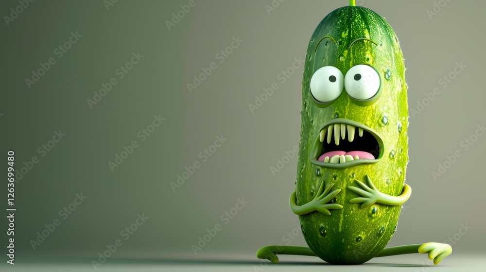 Poster a hilarious cartoon cucumber with a terrified face and wide eyes, showcasing exaggerated expressions
