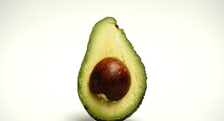 Halved avocado fruit. Seed exposed center. Smooth green flesh. White studio background.