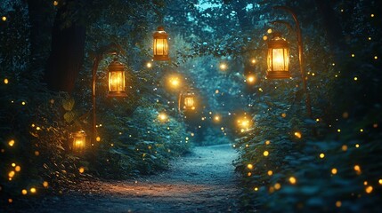 Enchanting lantern pathway mystical forest night scene magical atmosphere serene viewpoint dreamlike concept