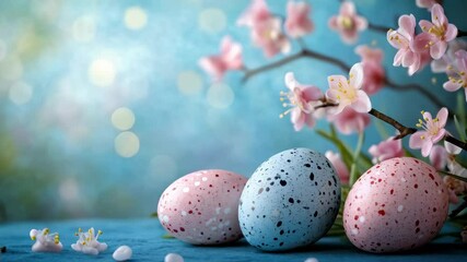 Pastel easter eggs and blossoms on blue textured background with bokeh lighting