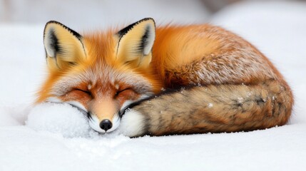 Obraz premium Close up of a red fox curled up in fresh snow, its bushy tail covering its nose, soft peaceful winter moment