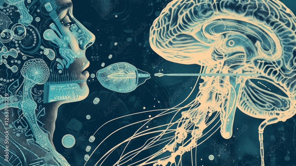 Poster artistic visualization of a human profile interacting with futuristic brain imagery, highlighting ne