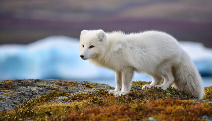 A fluffy white Arctic fox stands alert on a rocky outcrop with a blurred background of icy blue glaciers and a dark mountain range.
