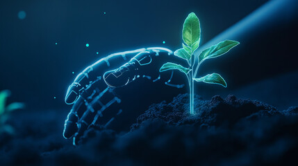 Digital hand nurtures glowing plant seedling, symbolizing technological growth and eco-innovation  , blue , green , black 