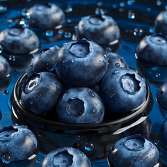 Fresh blueberries with water droplets in a black bowl against a reflective water surface - close-up with realistic details highlighting the texture and rich blue color