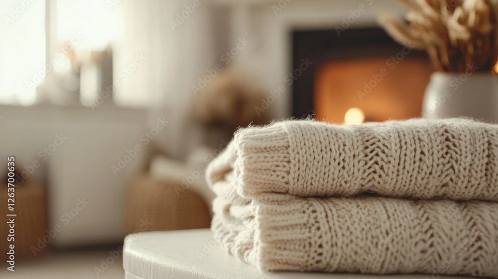 Poster warm and cozy living room setting with neatly folded knitted sweaters near a fireplace in the backgr