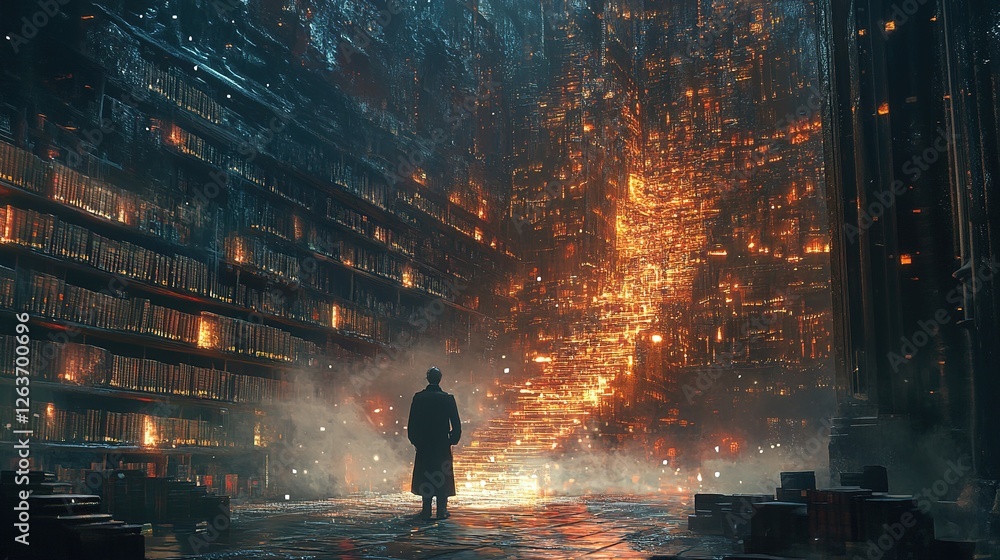 Poster exploring mystical library of knowledge enchanted realm digital art fantasy wide-angle illumination 