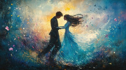 Obraz premium Romantic dance between lovers enchanted forest artistic illustration dreamy atmosphere close-up view love and connection
