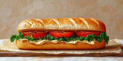 Freshly made sandwich with layers of turkey, lettuce, and tomato on a wooden board