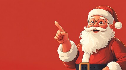 Cheerful Santa Claus points to the side against a red background, perfect for Christmas promotions.