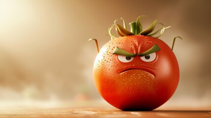 AI-generated image of a tomato with a vivid angry face, enhanced by dramatic lighting, creating a humorous and impactful visual for artistic projects. AI generated.