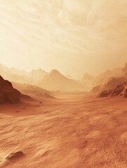 Fototapeta premium Barren landscape of an arid planet under a pale sky showing distant mountains and rocky terrain during daytime. Generative AI