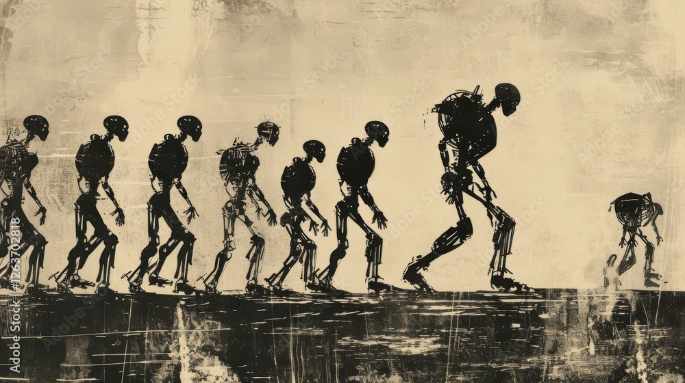 Poster silhouette art depicting the evolution of robotic figures, transitioning from primitive forms to adv