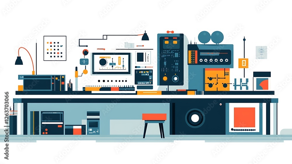 Aufkleber modern tech lab workspace with various devices and equipment on a desk.
