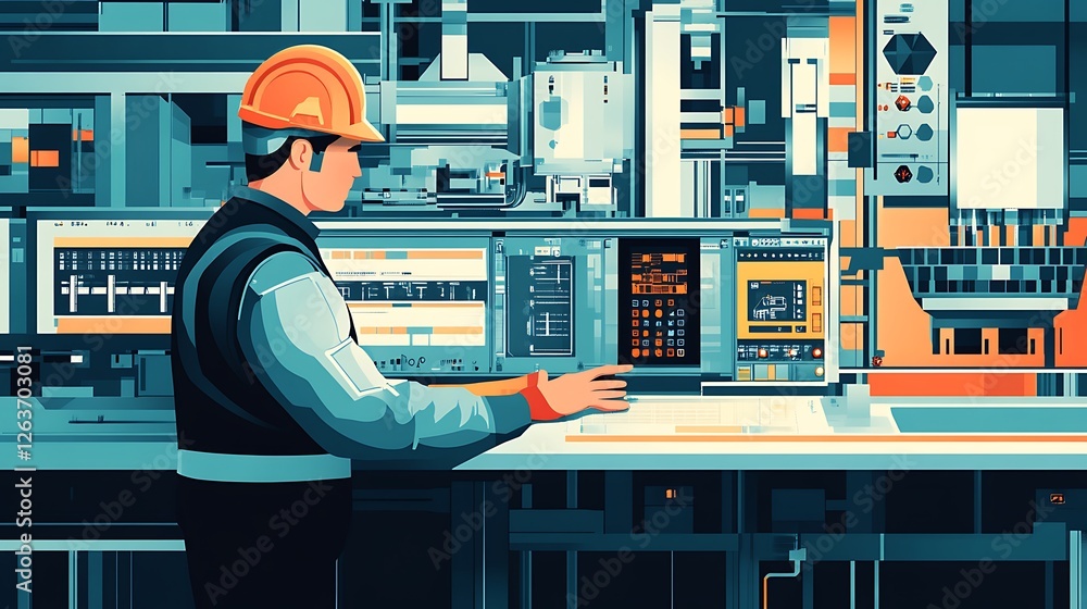 Poster factory worker monitoring industrial machinery via computer control panel.