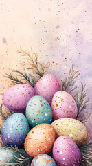 Colorful Easter eggs on pastel background with greenery, vertical painting for banner or greeting card