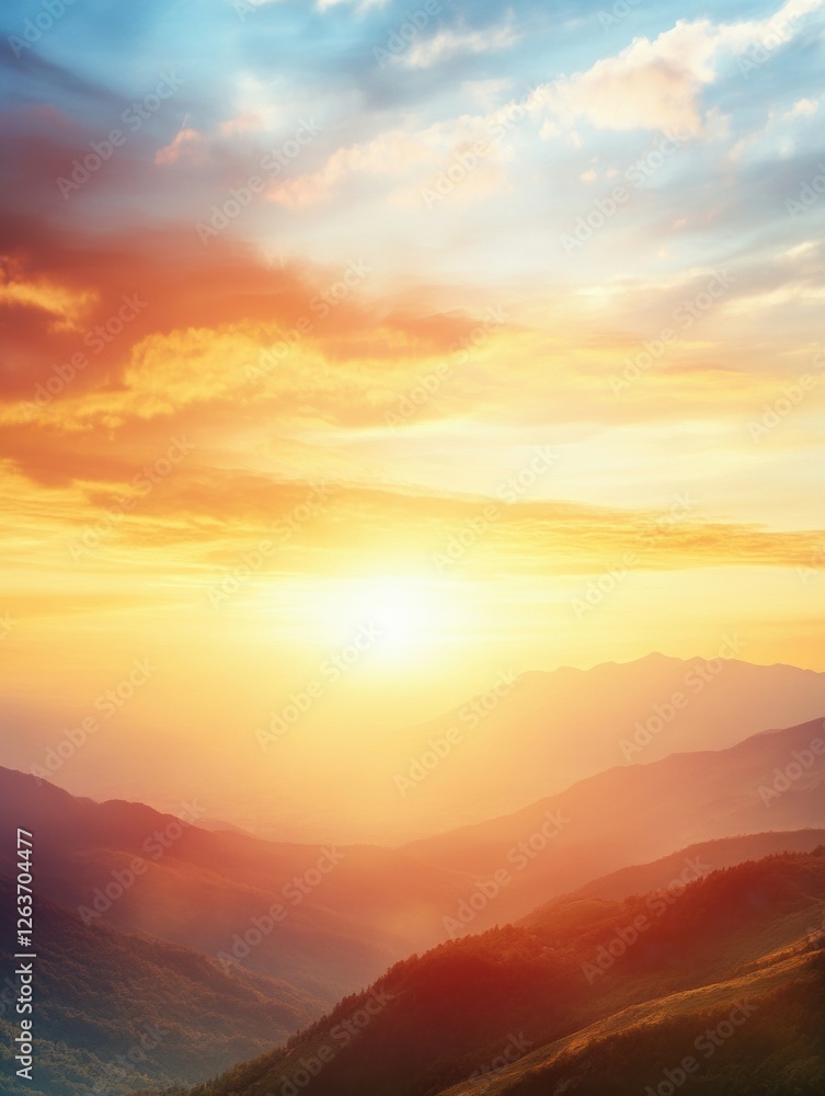 Aufkleber colorful sunset illuminating mountain range with soft clouds and glowing horizon. generative ai