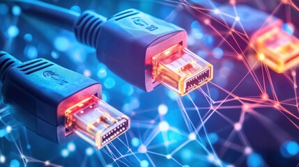 Connected internet cables are connected with a blurred background showing neon light of technology elements. Symbolizing data transfer between devices through a strong network connection