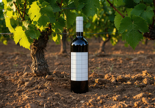 Wine Bottle Label and Top Mockup on Vineyard
