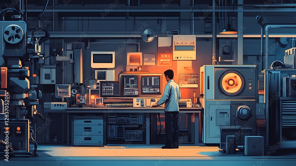 Poster a scientist works late in a high-tech laboratory filled with advanced machinery and computer monitor