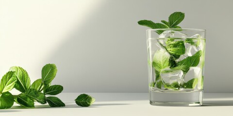Refreshing mint leaves with ice in a glass on a minimalistic surface during bright daylight