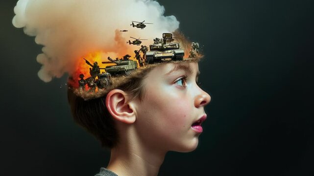 AI generated side closeup of face of young Caucasian boy haunted with memories of war, with images of tanks, battling soldiers, helicopters, bomb explosions on his mind, watching with shock and fear
