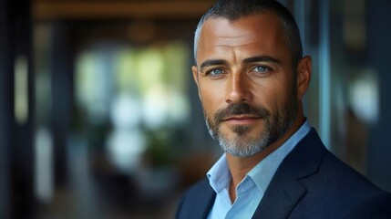 Fototapeta premium A man with a beard and gray hair is wearing a blue suit