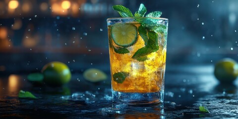 Refreshing cocktail with mint and lime garnished on a bar counter during a lively evening