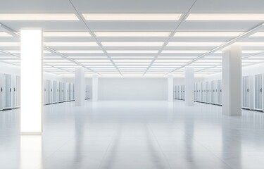 Fototapeta premium A server room in white, rendered in 3D, with computers and storage equipment