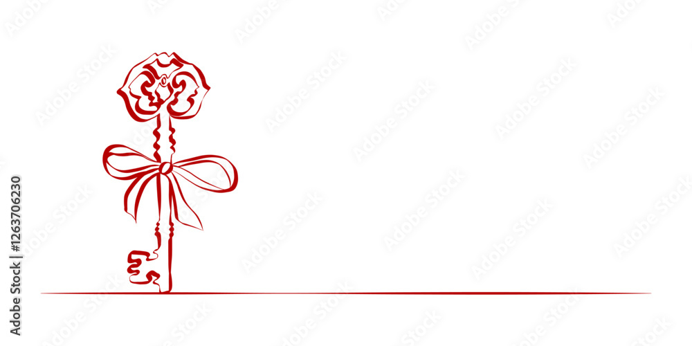 Poster coquette key with ribbon bow of hand drawn line art style. simple crayon and sketch symbol for valen