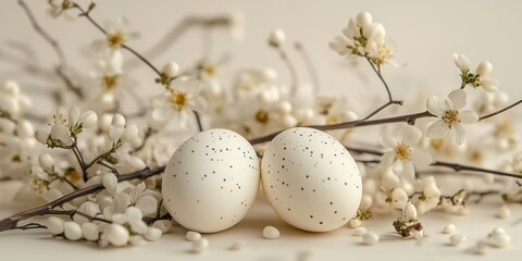 Fototapeta premium Decorative white speckled eggs surrounded by delicate white blossoms on a neutral background for spring celebrations
